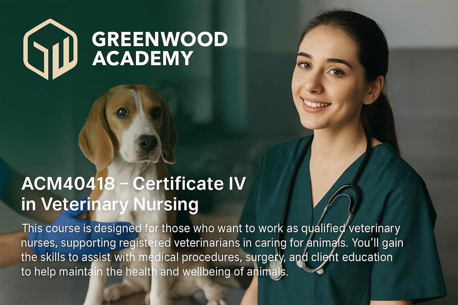 VET Nurse with a cute large dog looking calmly into the camera